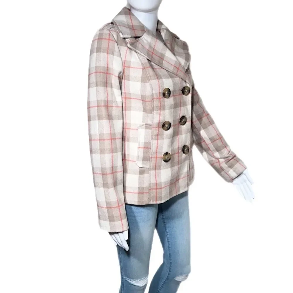 Pink & Beige Plaid Double Breasted Silk Lined Wool Peacoat NWOT